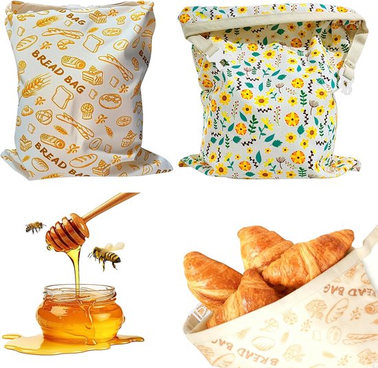 Lot de 2 Sacs à Pain en Cire d'Abeille - 43x33cm - Grand et Portable - cire d'abeille naturelle - Sac à pain en cire d'abeille réutilisable - sac de rangement en coton enduit - pour conserver le pain au levain et le pain fait maison