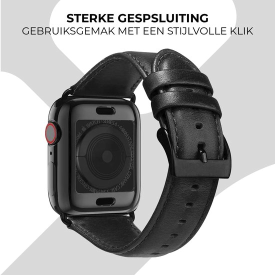 Zwart leren horlogebandje met gespsluiting voor een Apple Watch.
