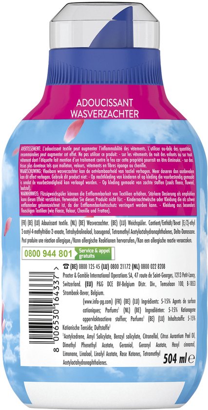 Achterkant van een fles Lenor "Fleurige Bloesem" wasverzachter met productinformatie.