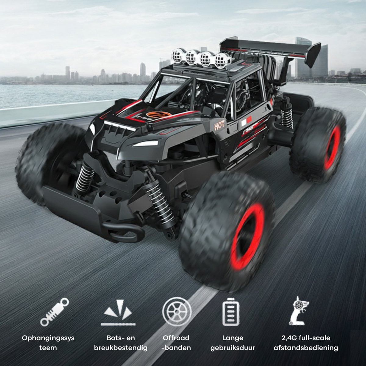 Nexar Bestuurbare Auto - RC Auto Monstertruck - 33 km/u - Afstandsbestuurbare Auto voor Buiten - Met Verlichting & 2 Accu's - Rood — afbeelding 9
