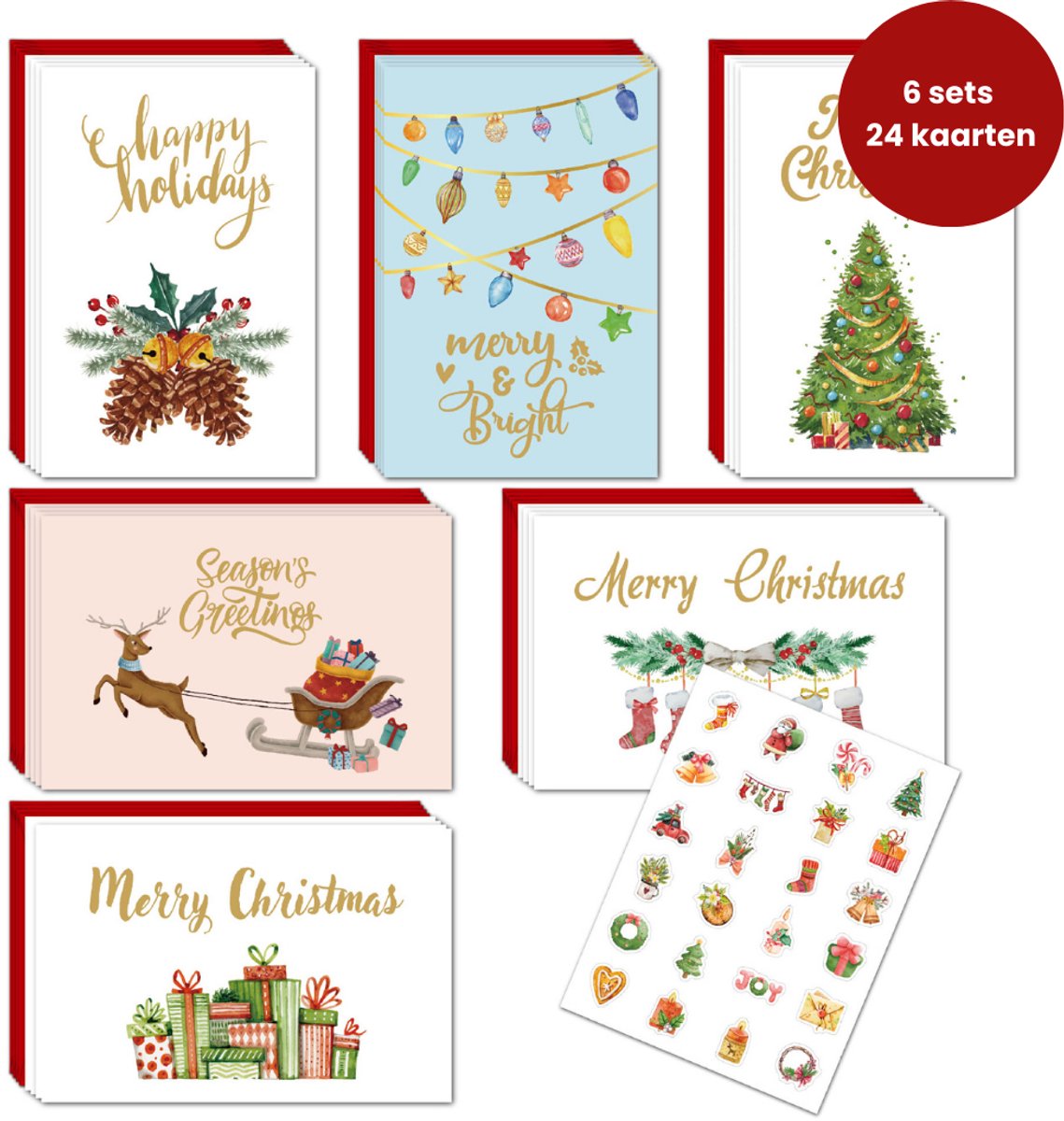 Kleurrijke Kerstkaarten – 6 sets, 24 kaarten – met enveloppen en sluitstickers – Perfect voor Familie & Vrienden