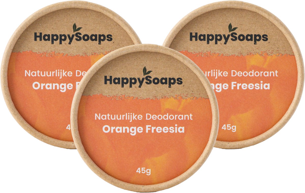 HappySoaps Orange Freesia – Halfjaar Box Deodorant Voordeelverpakking – 3× Natuurlijke Deodorant – Plasticvrij & Vegan