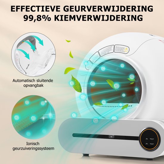 Witte kattenbak met turquoise details en groene bladeren, illustreert geur- en kiemverwijdering.