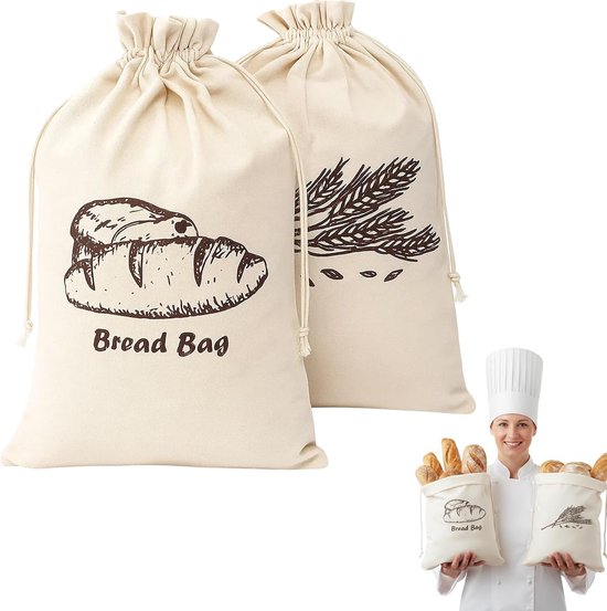 Foto: 2 stuks broodzak linnen broodzakken herbruikbare broodzakken broodzakken met trekkoord bewaarzakken opbergzakken wasbare stoffen broodzakken ademend katoen voor zelfgebakken brood baguettes en ander gebak 45 30 cm
