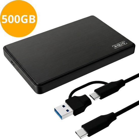 Rolio Externe Harde Schijf - USB 3.1 en USB C - 1Gbps snelheid - 500GB Opslag