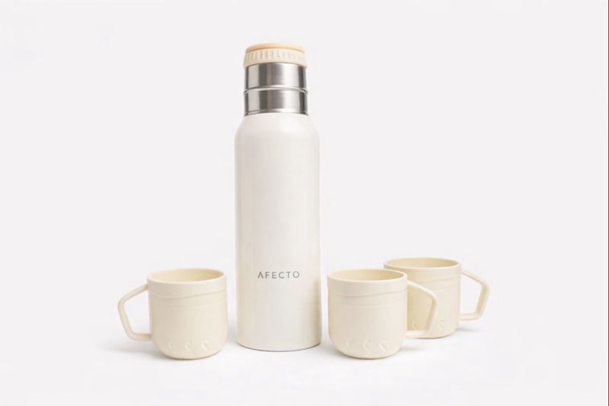 AFECTO Thermosfles met Bekers – 0,5 L – 12 uur Warm & Koud – Inclusief 3 Drinkbekers – Ivoor