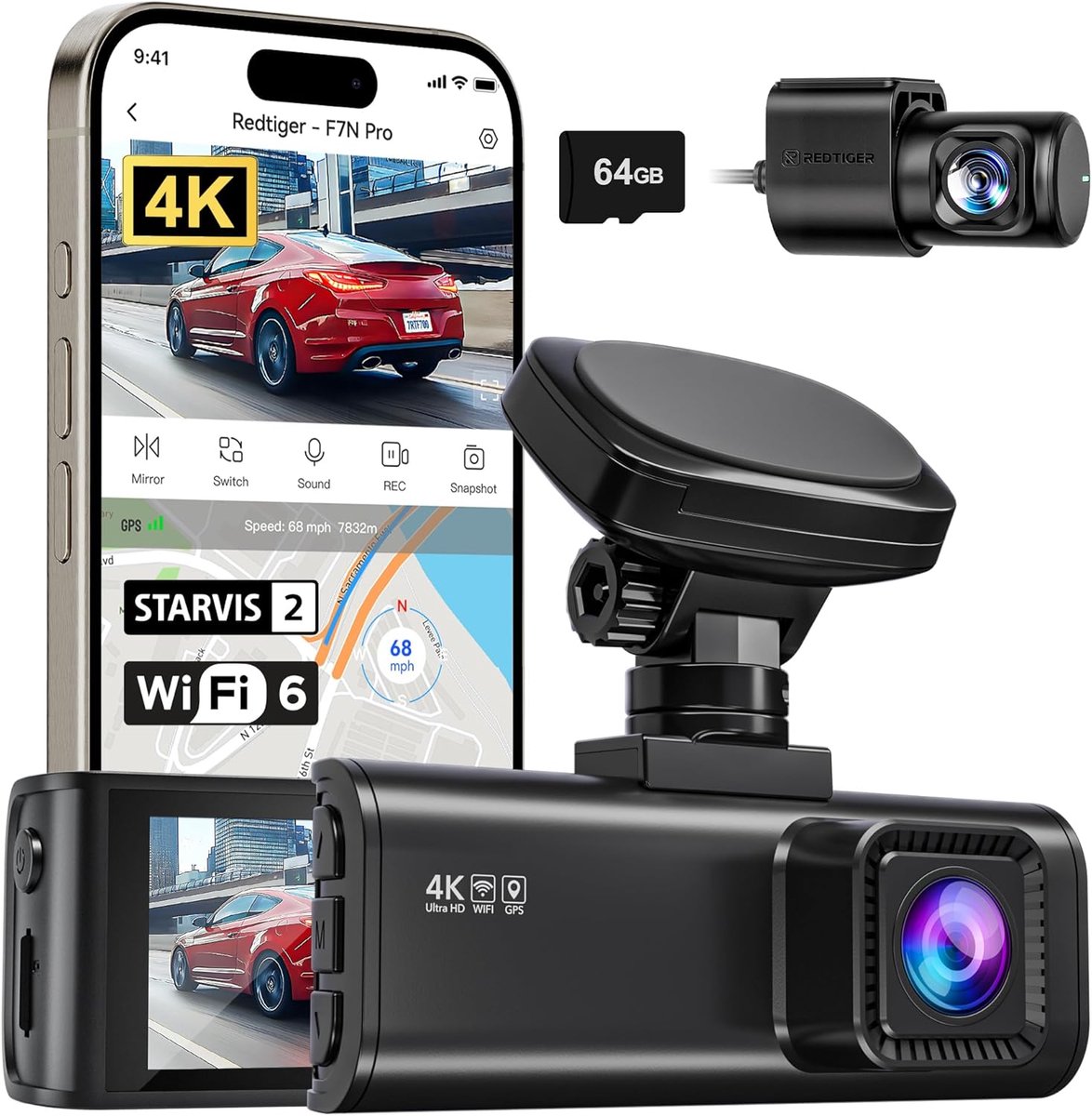 RedTiger F7N Pro Dual Dashcam voor auto - 4K & 1080p - Voor en achter Camera - WiFi en Gps - 3,18 inch LCD met App - Sony Sensor - Nachtzicht - Parkeerbewaking - G Sensor - Loop opname