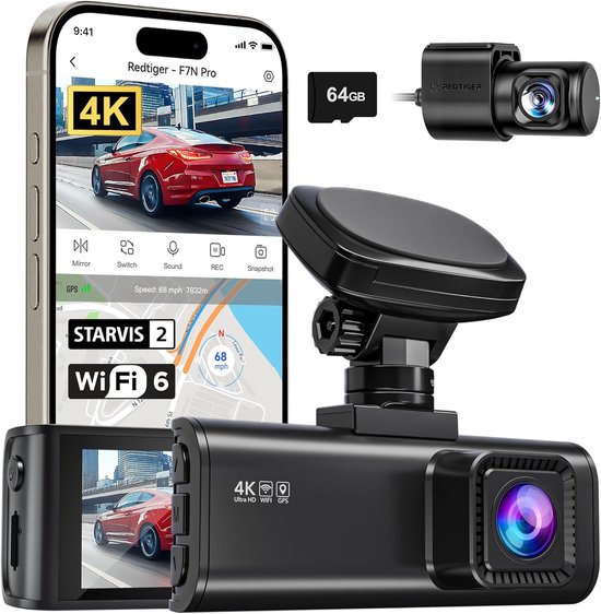 RedTiger F7N Pro Dual Dashcam voor auto - 4K & 1080p - Voor en achter Camera - WiFi en Gps - 3,18 inch LCD met App - Sony Sensor - Nachtzicht - Parkeerbewaking - G Sensor - Loop opname