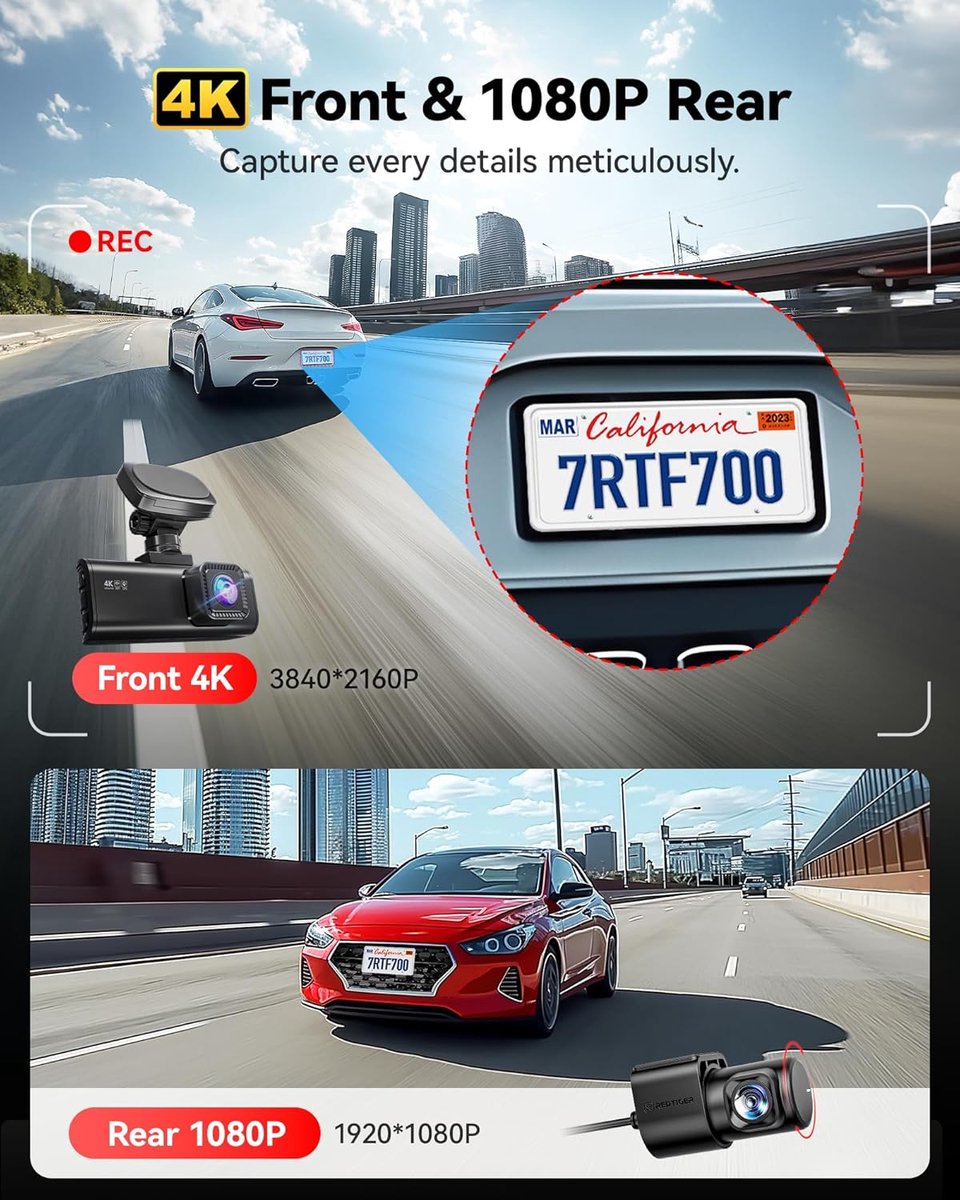 RedTiger F7N Pro Dual Dashcam voor auto - 4K & 1080p - 3,18 inch LCD met App thumbnail 5