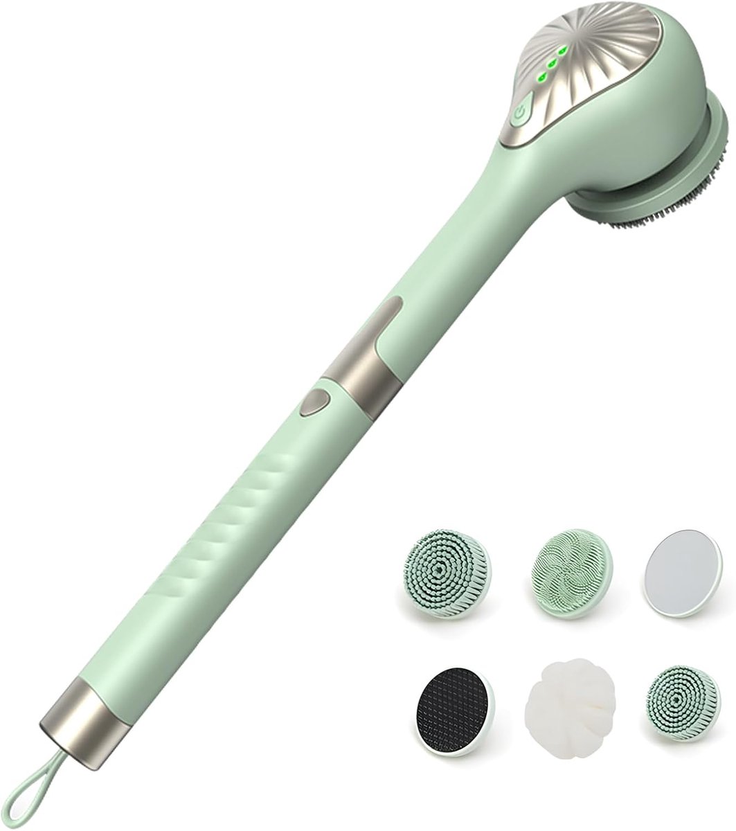 Elektrische Doucheborstel -Badborstel met Lange Steel - Dubbelzijdig - 6in1 Rugscrubber - 3 Snelheden - IPX7 Waterdicht - Oplaadbaar Draadloos - Groen - 39 cm