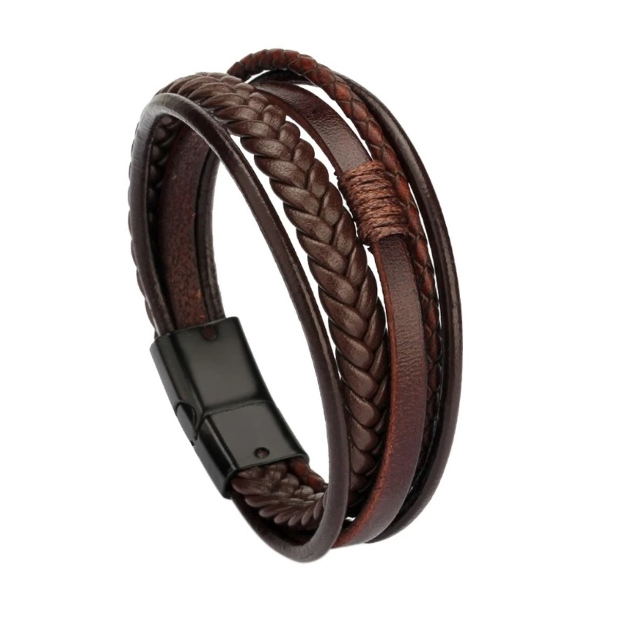 WiseGoods Premium Heren Armband Bruin Gevlochten Leer Met RVS Sluiting - Armbandjes - Armbanden Man - Cadeau - Armbandje - 21CM