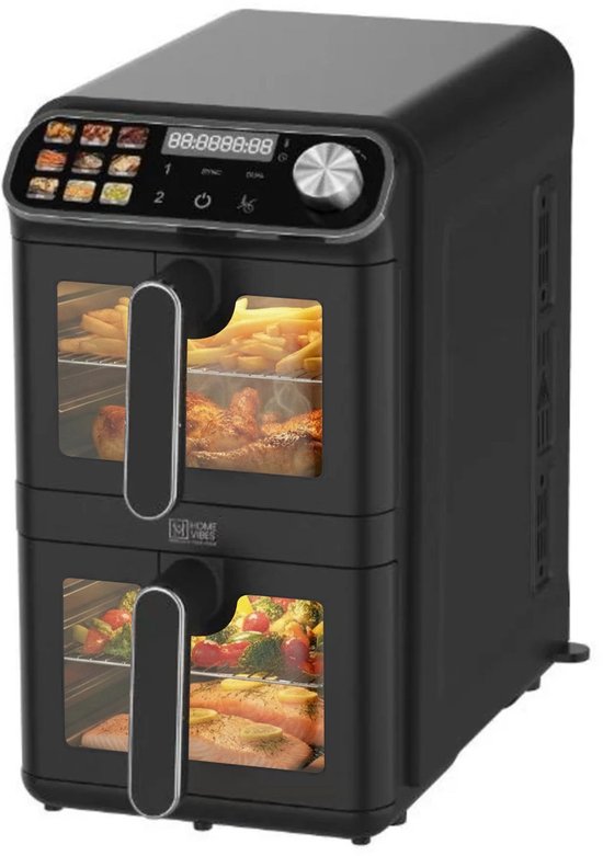 Home Vibes® Airfryer XXL – Gestapelde Lades - Heteluchtfriteuse - 2460W – 11L Air Fryer – 9 Kookprogramma’s – PFAS Vrij - Voor 5 tot 10 Personen - Dubbele Airfryer – Met Extra Accessoires - Mat Zwart