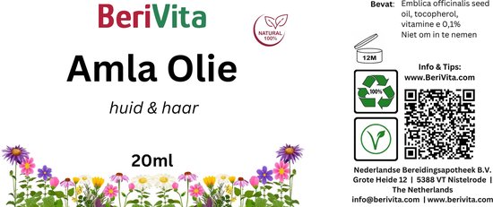 Label van BeriVita Amla Olie 20ml voor huid & haar met bloemenonderrand.