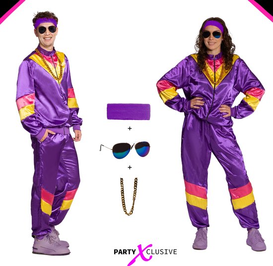 Partyxclusive 5-Delig Fout Trainingspak Jas/Broek/Hoofdband/Ketting/Bril Jaren 80 & 90 Kostuum Disco Foute Party Outfit Dames en Heren Retro Verkleedkleding Carnavalskleding Heren Carnavalskleding Dames - Polyester - Paars - Maat M