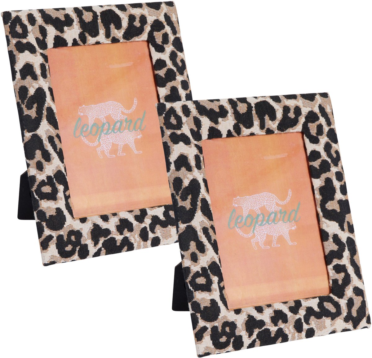Home & Styling Fotolijstje Nel - 2x - luipaardprint - stof frame - voor foto van 10 x 15 cm - dierenprint Bruin
