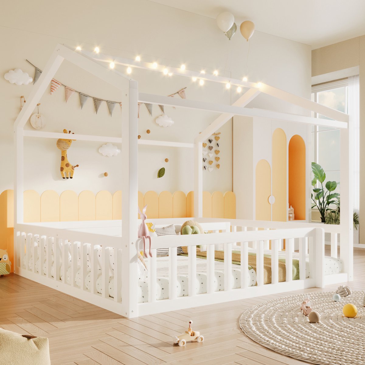Merax Kajuitbed - 90x190cm - 180x190cm - kinderbed met veiligheidsrand - huisvormige rand - wit - zonder matras - LED-lichtjes