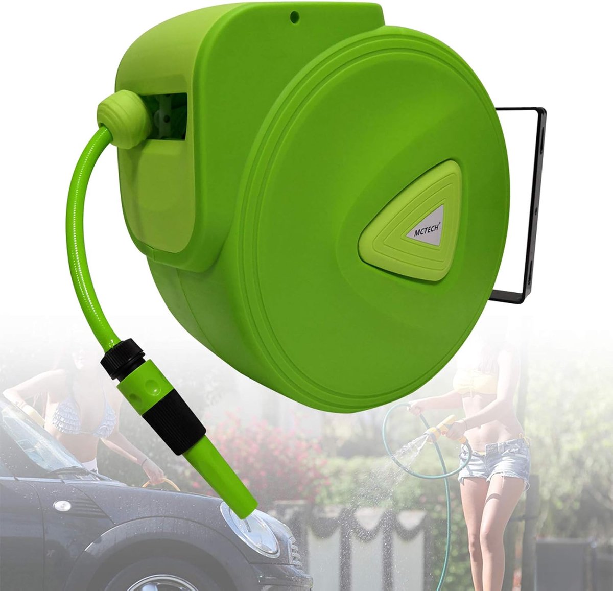 Aufun Slanghaspel - 30 M + 2 M - Groen - 3/4-Inch Aansluiting 180 Graden Draaibaar - Automatische Slanghaspel - Inclusief Muurbeugel En Handvat - Geschikt Voor Tuinen, Irrigatie, Autowassen