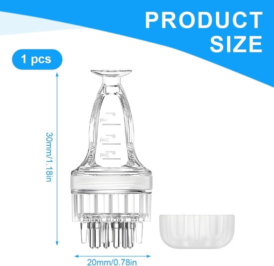 Transparante vloeistofapplicator met schaalverdeling (1-3ml), 7 rollers, wit kommetje en afmetingen: 30mm / 1.18in hoogte, 20mm / 0.78in breedte. Tekst: '1 pcs'.