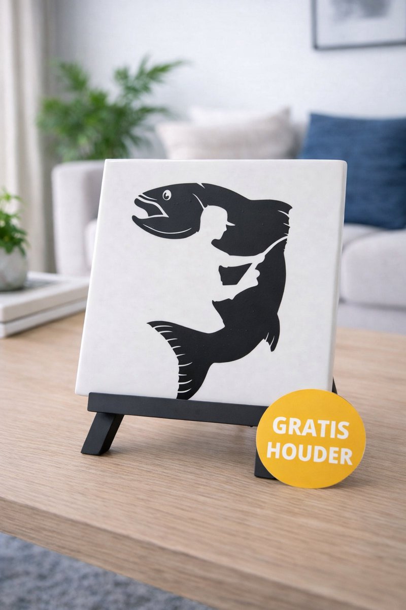 Troubadot | Tegeltje | Visser silhouet | inclusief tegelhouder | zwart | spreuktegel | tegel fishing | vissen | cadeau voor liefhebbers van vissen