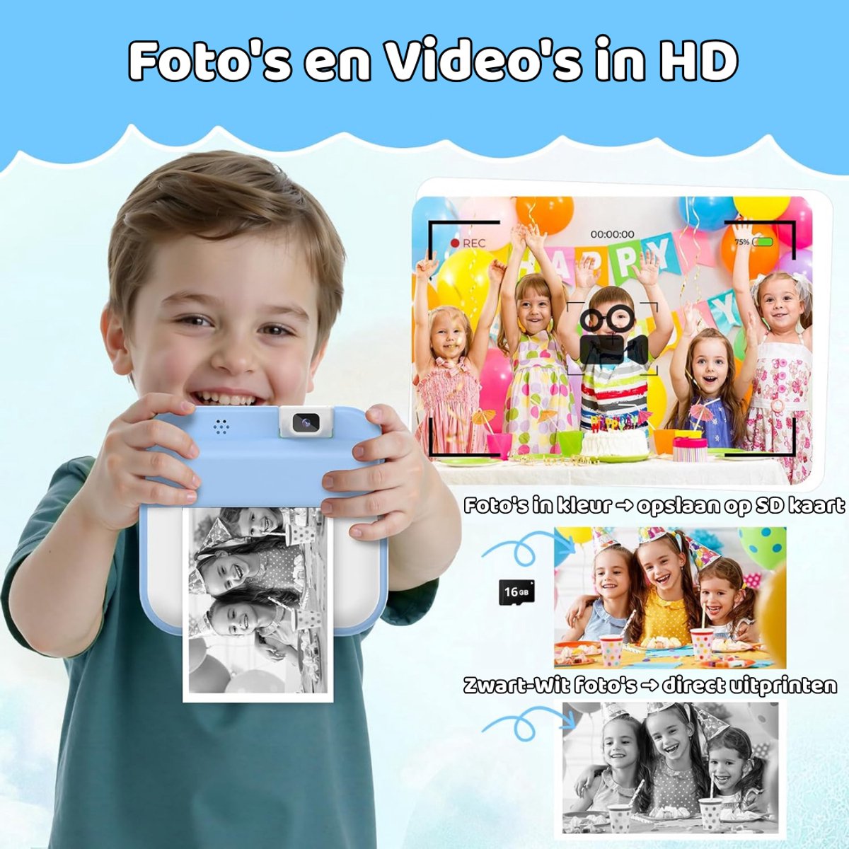 Luumuu® Digitale Kindercamera Met Foto Printer - Fototoestel Voor Kinderen - Kinder Fotocamera Instant Print- Speelgoed Video Camera Kind - Vlogcamera Kids - Sd Kaart 16GB - Blauw - Incl. Ebook – foto 6