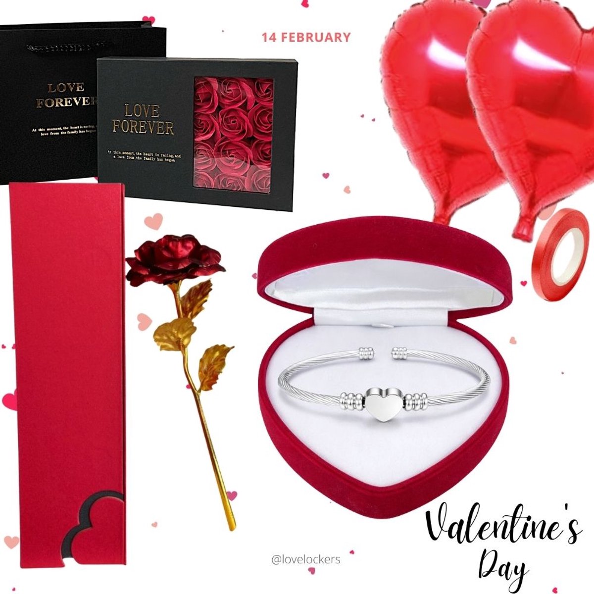 Lovelockers® | Valentijn Cadeau Pakket | Rode Roos in Luxe Geschenkverpakking | 2 x XL Hart Folie Ballon | Doosje met Zeeproosjes | Armband met Hart | Romatisch cadeau pakket
