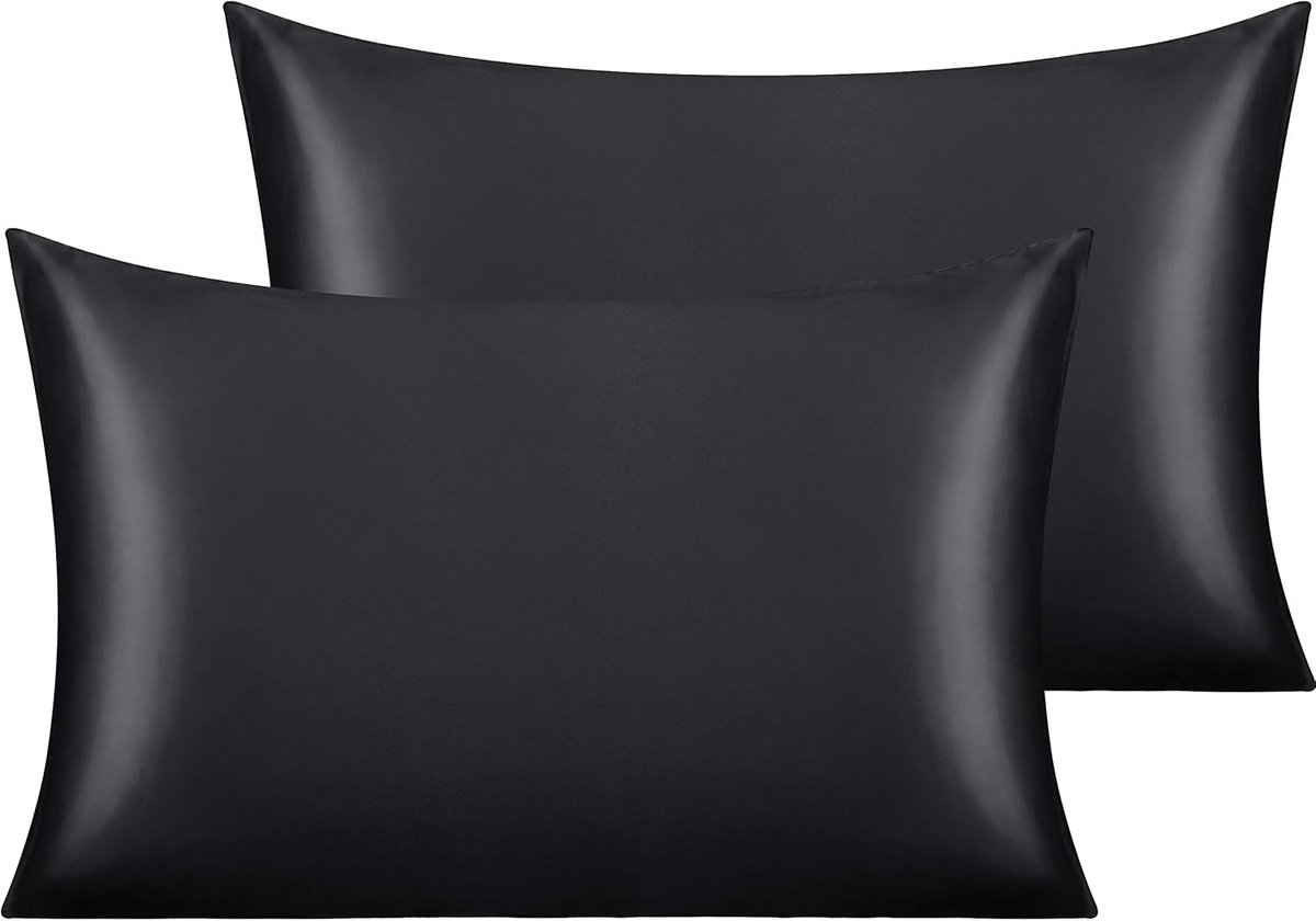 Famanu Zijden satijnen kussenslopen - satijnen kussensloop voor haar en huid - 2 kussenslopen met envelopsluiting - 50 x 75 cm - zwart