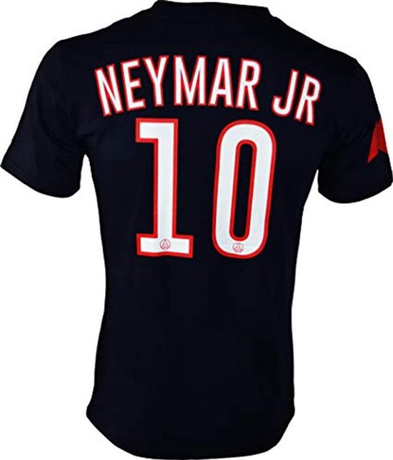 Donkerblauw T-shirt met "Neymar Jr 10" op de achterkant, rood detail op de mouw.