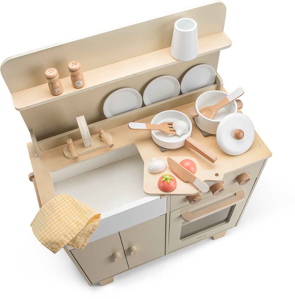 Woet® Houten Speelgoed Kinderkeuken Beige - Speelkeukentje met Pannen, Servies, Groente en Snijplank - Houten Speelkeuken - Werkbladhoogte 55 cm - Rollenspel - Vanaf 3 Jaar — afbeelding 3