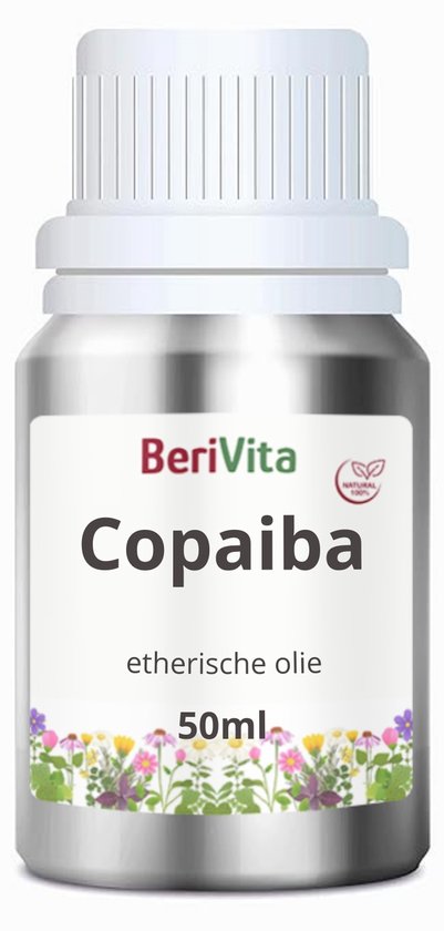 Zilveren flesje BeriVita Copoiba etherische olie 50ml met witte dop en bloemenrand.