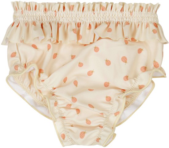 Crèmekleurig bikinibroekje met ruches rond de taille en pijpjes, en een all-over print van aardbeien.