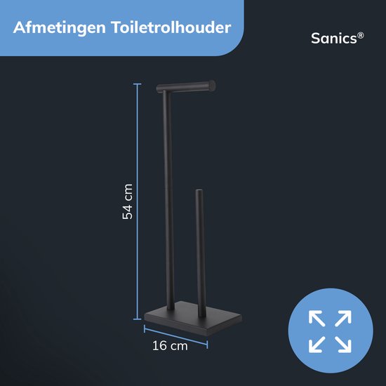 Zwarte vrijstaande toiletrolhouder met afmetingen 54 cm hoog en 16 cm breed. Houdt 1 rol bovenop en 3 rollen onderaan.