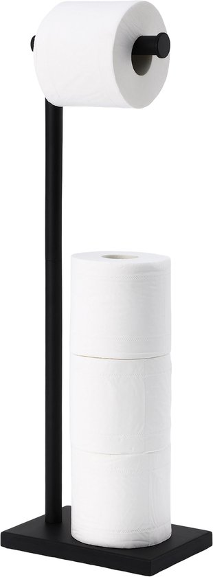 Zwarte vrijstaande toiletrolhouder met 1 rol bovenop en 3 reserve rollen onderaan.