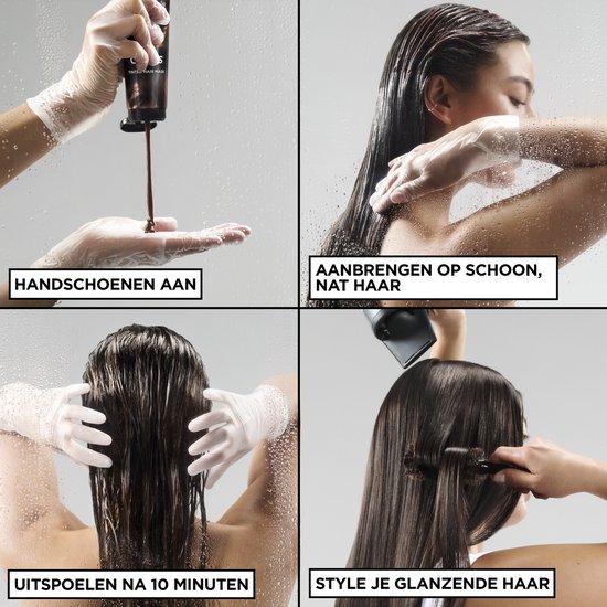 Vier stappen voor het aanbrengen van Garnier Olia Gloss haarmasker.