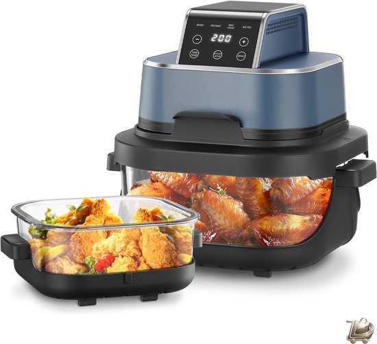 Draagbare Heteluchtfriteuse Set 4 in 1 Bakken, Recrisp & Max Crisp 4L & 1,5L 6 Porties Compact 2 Afneembare Glazen Trays & Deksel Blauw