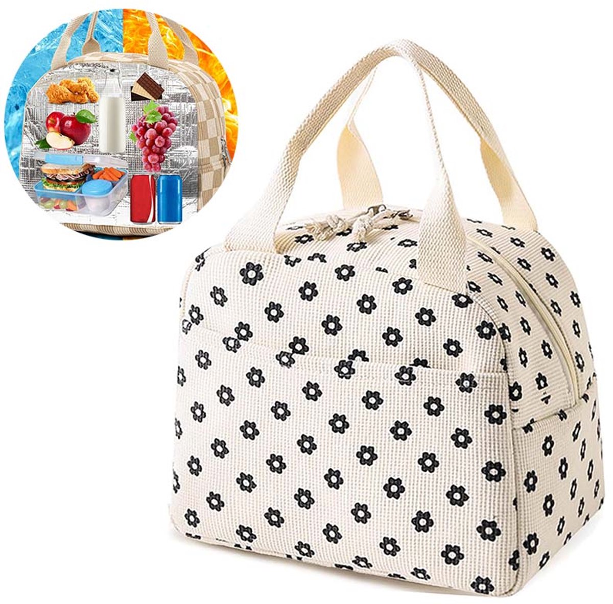 Grote Isolerende Lunchtas 26x18x21 cm - Schattige Ribfluwelen Schoudertas - Herbruikbare Uniseks Lunchtas voor Werk, Picknick en Reizen (Beige witte Bloemen Patroon)