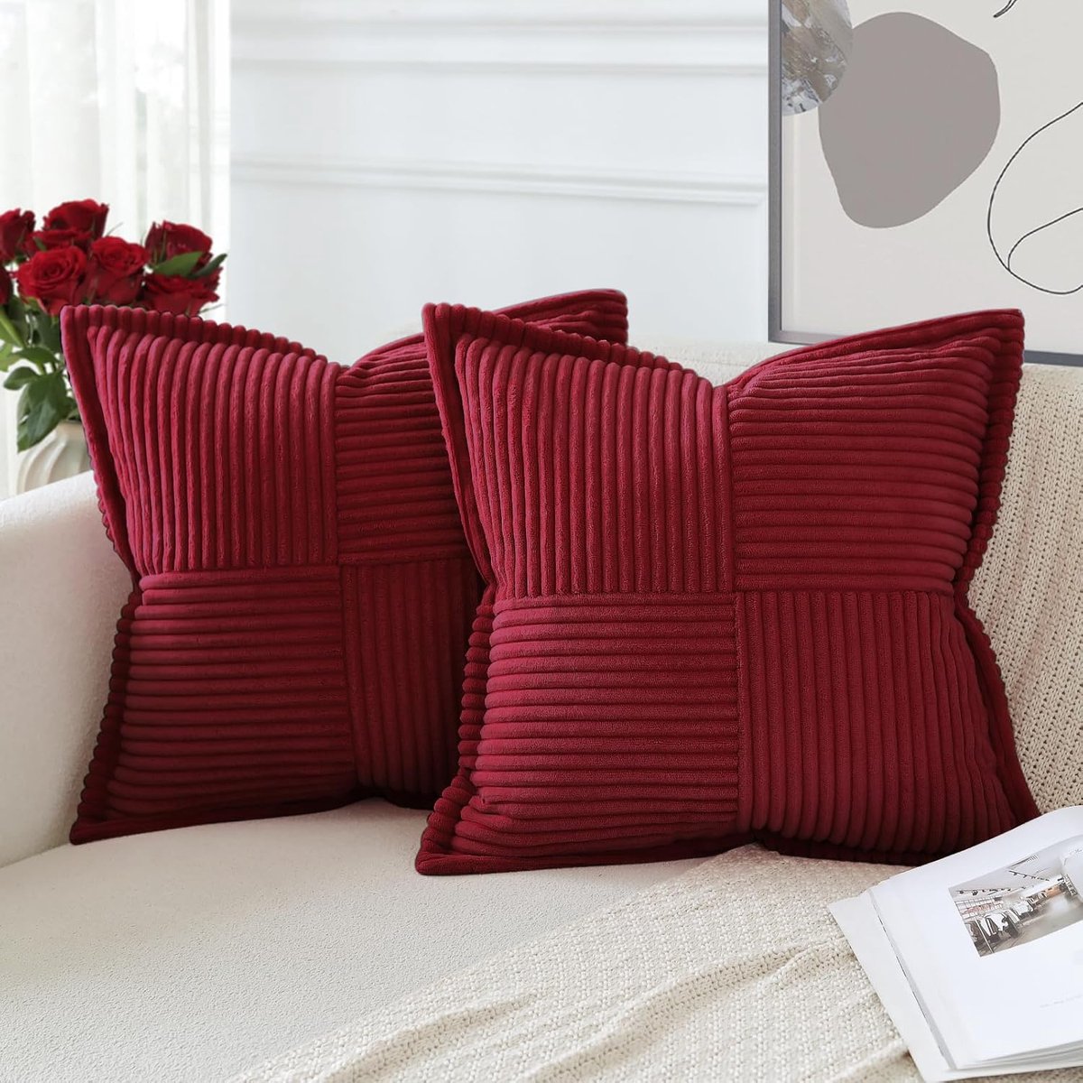 Famanu Corduroy kussenslopen - set van 2 - moderne patchwork kussenslopen - zachte kussensloop - brede decoratieve getextureerde kussens voor huisdecoratie - bank - slaapkamer - bank - wijnrood - 45 x 45 cm