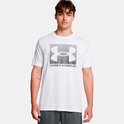 Wit sportshirt met groot grijs verloop logo en tekst 'UNDER ARMOUR' op de voorkant.