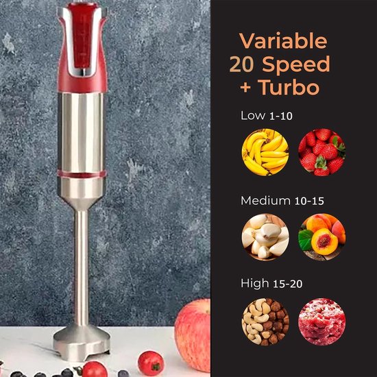 Royalty Line® ESMS800 Staafmixer - 3 in 1 Staafmixer Set - 800W - RVS - Hakmolen - Blender - Handmixer - Garde Met Snelheidsinstellingen - RVS / Rood van Royalty Line — afbeelding 3