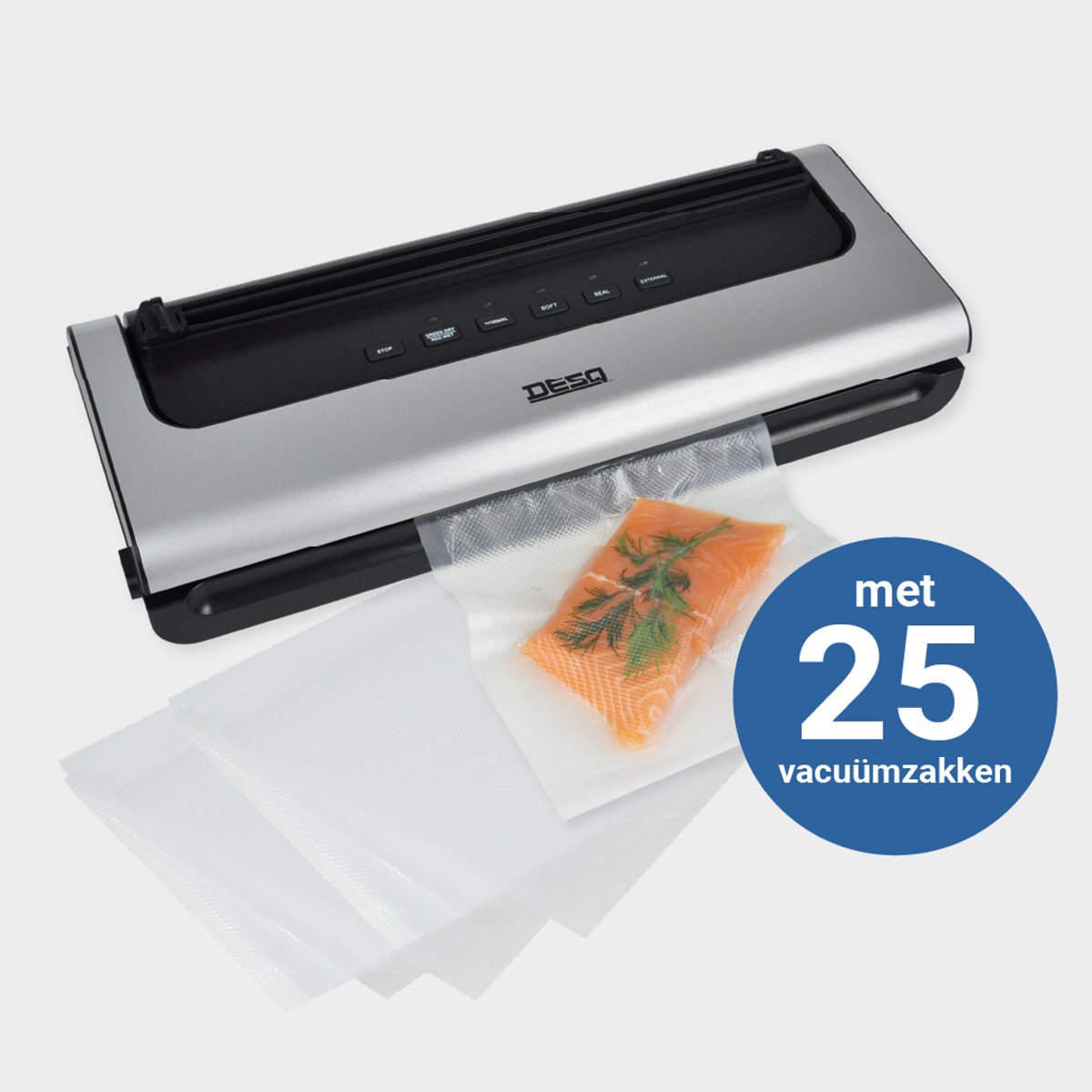 DESQ® 7910 Vacumeermachine - Set met 25 Vacuümzakken - 5 standen - Droog Vochtig Drukgevoelig Voedsel - Rolsnijder - Sterke Zuigkracht -