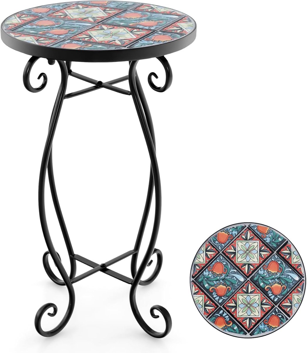 KOMFOTTEU Mozaïek bijzettafel, Ø 30 cm ronde tuintafel met metalen frame, bloemenrek met mozaïekplaat, retro mozaïektafel voor balkon en terras