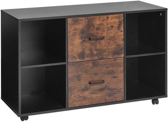 Zwarte kast met retro houten ladefronten, 2 laden en 4 open vakken. Voorzien van wieltjes.