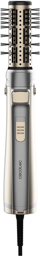 Cecotec stylingborstel met zilverkleurig handvat en gouden ronde opzetborstel.