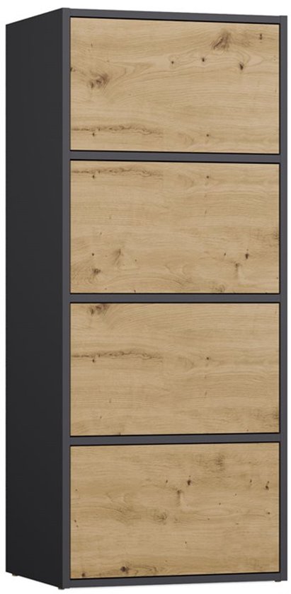Antraciet dressoir met vier gesloten eikenhouten deuren, staand op een witte achtergrond.