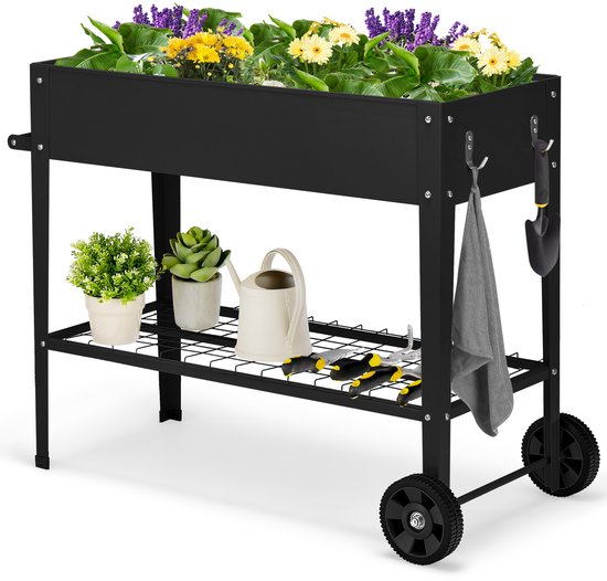 COSTWAY Jardinière surélevée avec étagère et 2 roues, bac de jardin surélevé, métal, bac à plantes avec crochet et poignée, bac à légumes, bac à herbes, grand, pour balcon, jardin, terrasse, 95 x 40 x 80 cm (noir)