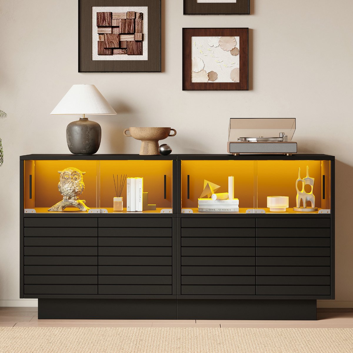 VVBV Kast - 130 x 35 x 68 cm - 2 deuren - 4 schappen - glazen deuren - LED-verlichting - Zwart