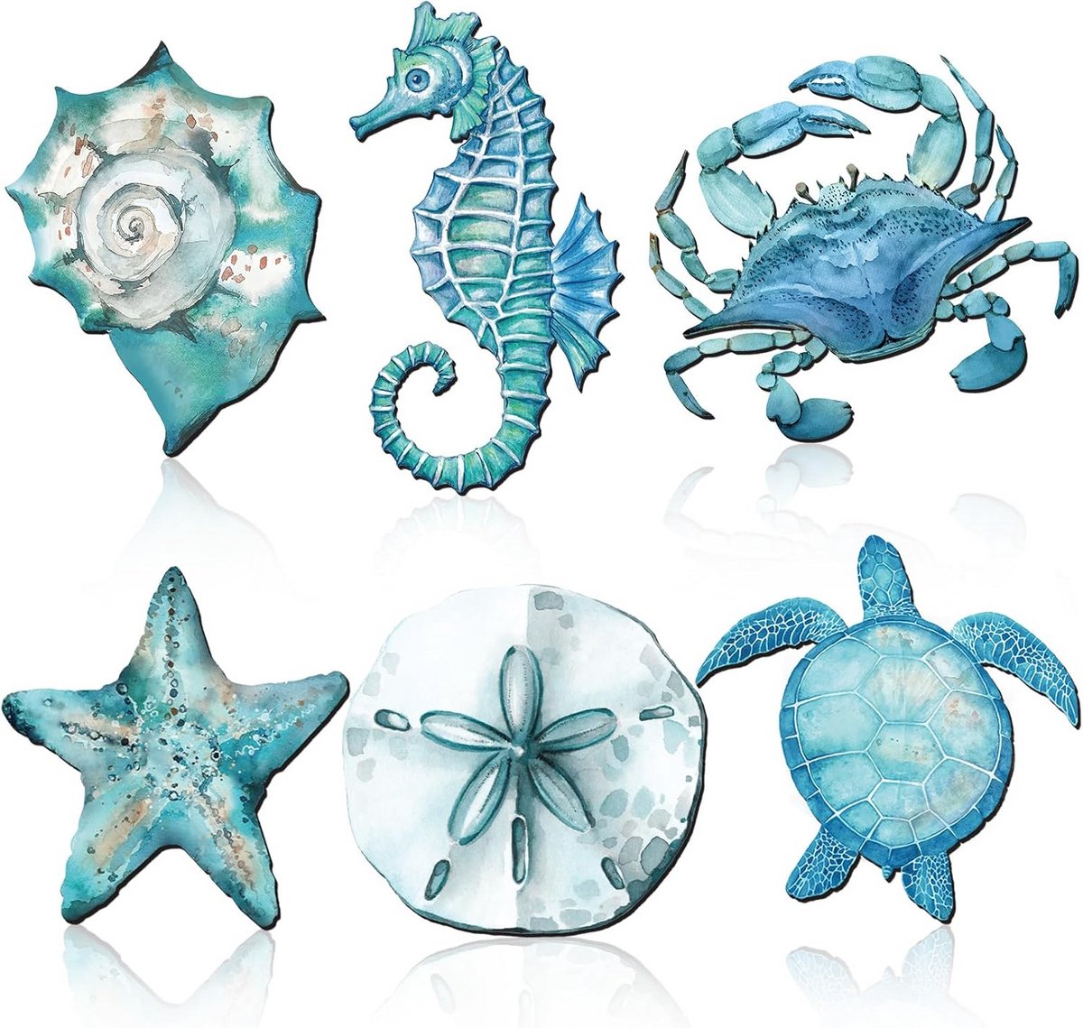 6-Delige Metalen Strand Muurdecoratie Set: Zeeschildpad, Zeepaardje, Krab & Schelp - Blauwe Kust Sfeer voor Woonkamer en Badkamer