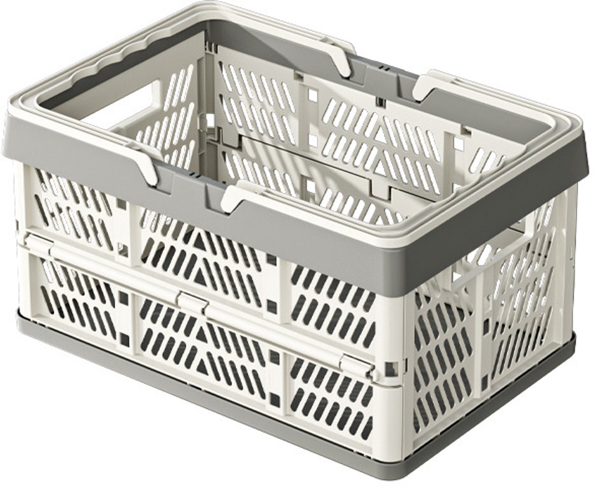 Opvouwbare plastic opbergkrat - Opvouwbare krat met handvat - Wit en grijs - S