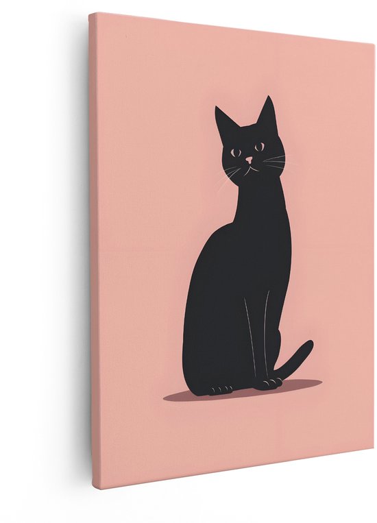Artaza Canvas Schilderij Kat - 40x50 cm - Wanddecoratie Dieren - Muurdecoratie Zwarte Kat - Decoratie Roze - Minimalistisch