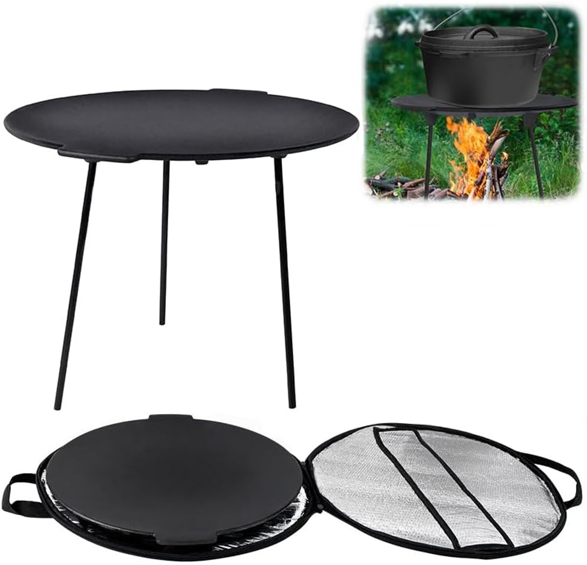 Aufun Gietijzeren Grillpan - ø 45 cm - Rond - Met 3 Poten - Grillaccessoires - Dutch Oven Standaard - Geschikt Voor Kamperen, Tuinieren En Reizen