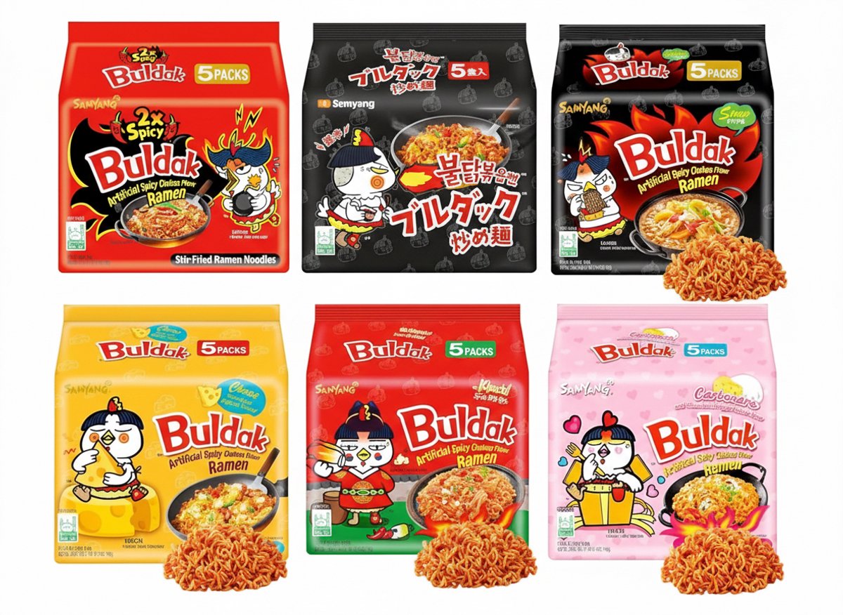 SAMYANG Buldak Ramen Mixpakket - 30 Pakken (6 verschillende soorten x 5 stuks) - Pittige Koreaanse Instant Noedels Voordeelverpakking met Kajal Sticker